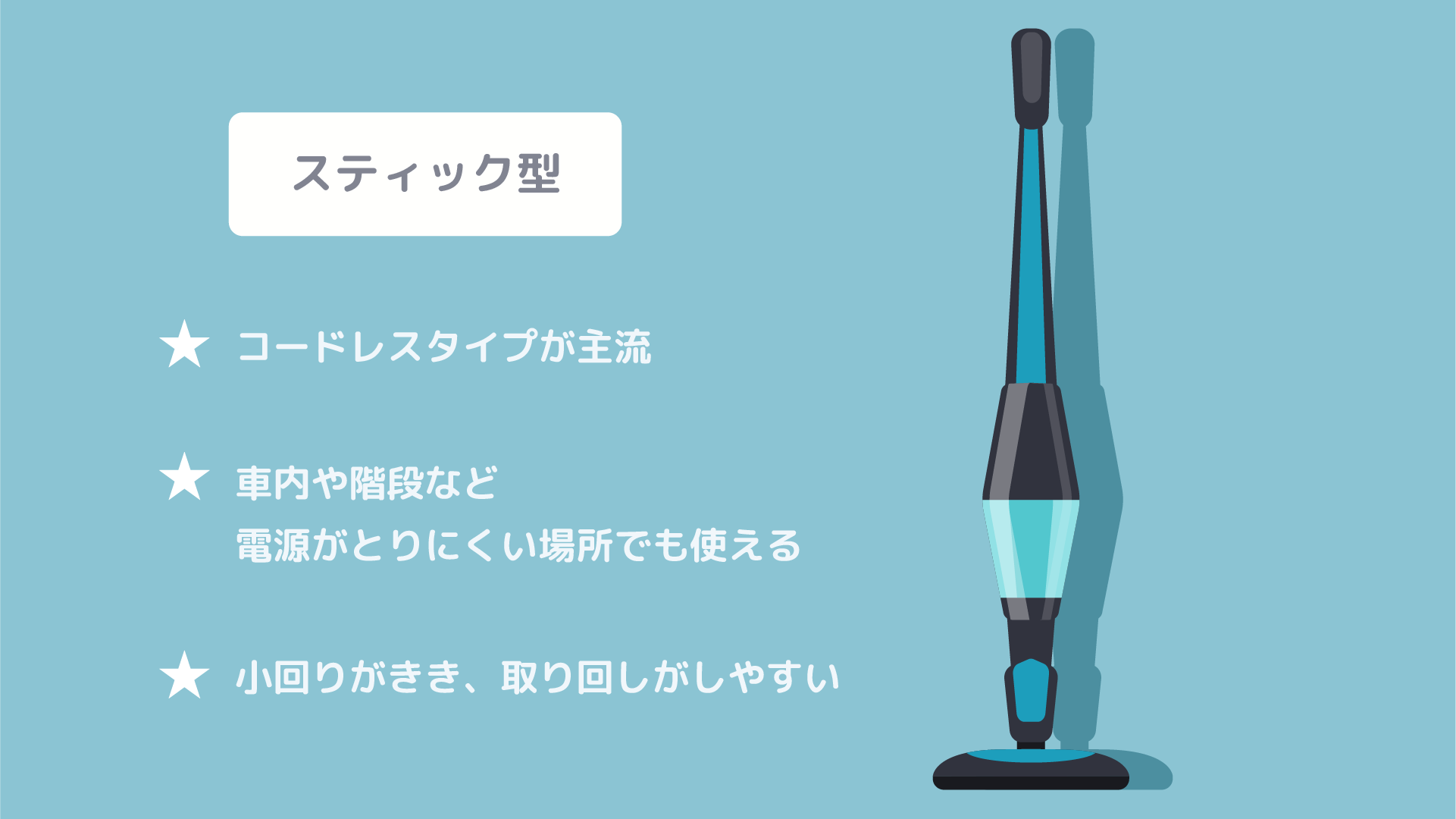 軽量・コンパクトで扱いやすい「スティック型」