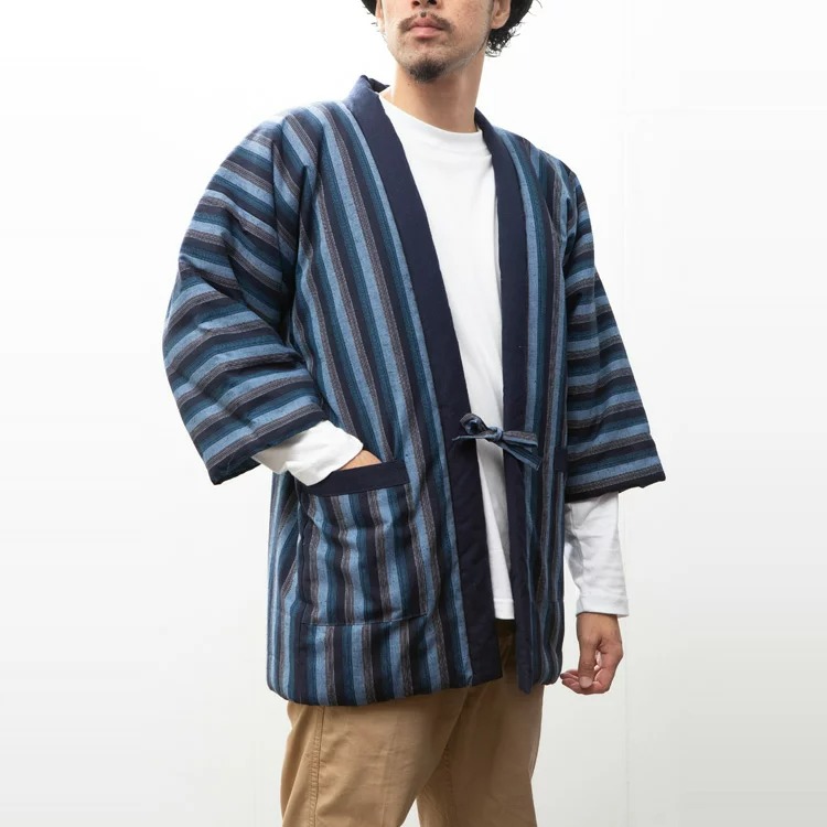 綿の郷(watanosato) 綿入れはんてん 男性用 特許 前合わせ兼用 紬織 かつお縞