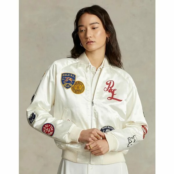 ポロラルフローレン(Polo Ralph Lauren) ロゴ ミックスドパッチ サテン ボンバー ジャケット