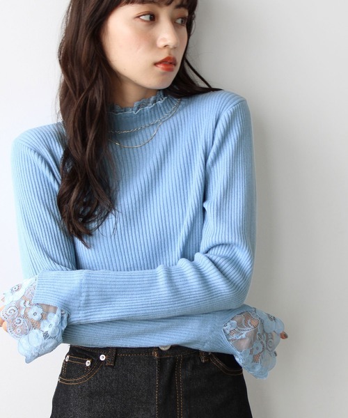 ジーラ(GeeRA) レース付ハイネックリブニットトップス