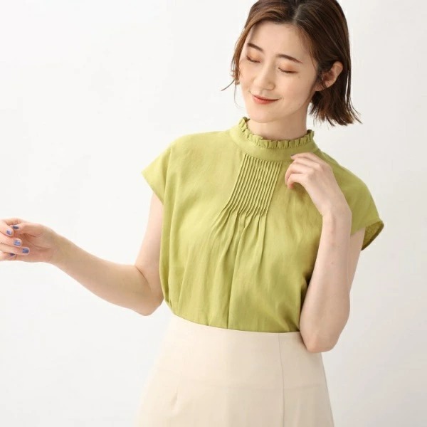 グローブ(Grove) 軽やかきれい 洗えるヨーロピアンリネン混フレンチ袖ブラウス