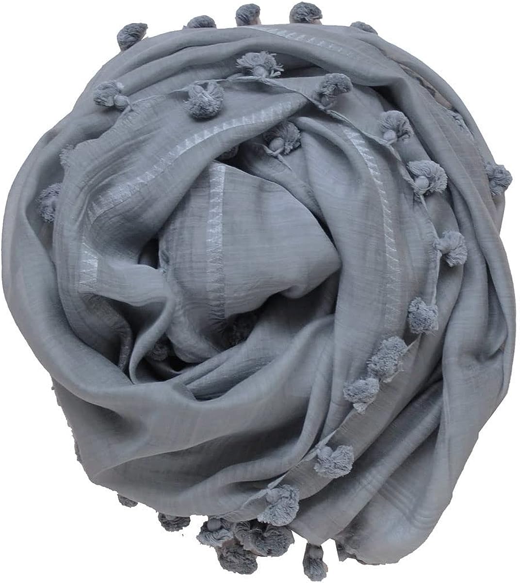 シトラス(CITRUS) 無地ポンポン付 レディース 大判 コットン シルク ストール