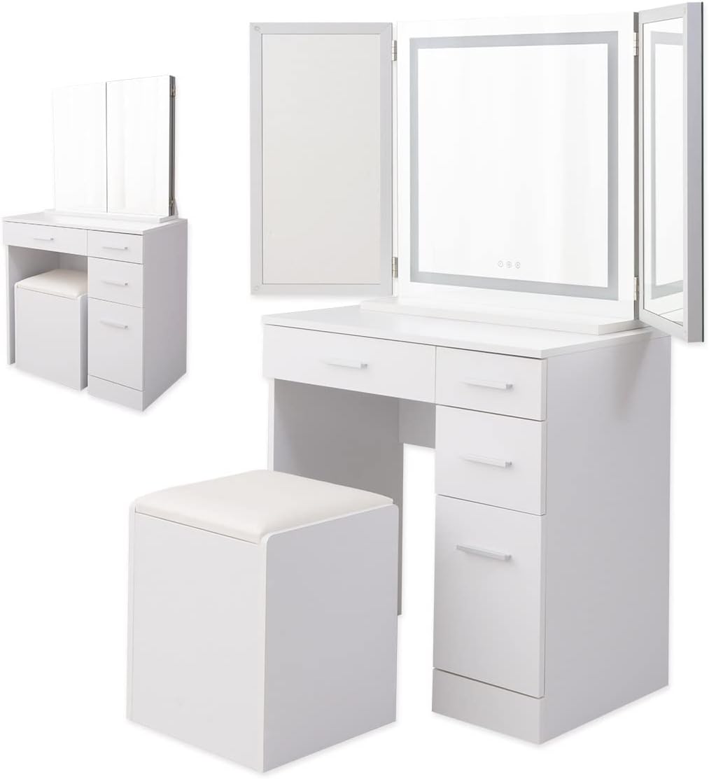 エムール LEDライト付き ドレッサーセット デスク＆スツール 三面鏡 bh-kel-de204set-n