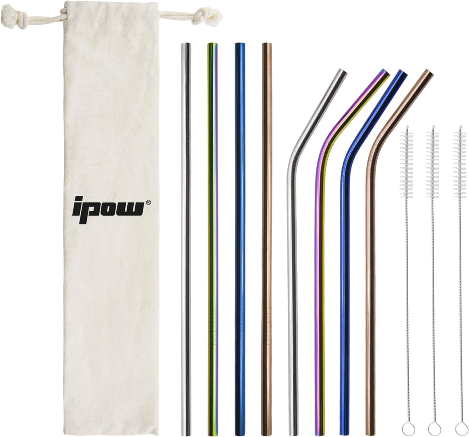 IPOW ステンレスストロー マドラー 8本セット 洗浄用ブラシ付 収納袋付