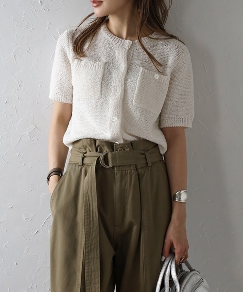 ボンジュールサガン(Bonjour Sagan) スクエアポケットブークレニット半袖カーディガン