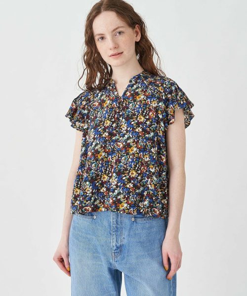 ソレイアード(SOULEIADO) レーヨンローンプリント バタフライスリーブブラウス