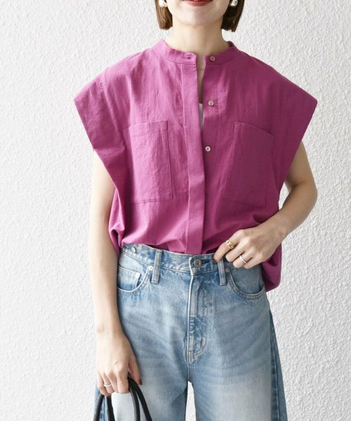 シップス エニィ(SHIPS any) コットン リネン フレンチスリーブ ポケット シャツ