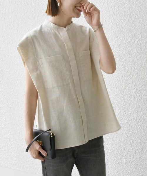 シップス エニィ(SHIPS any) 洗濯機可能 コットン リネン フレンチスリーブ ポケット シャツ