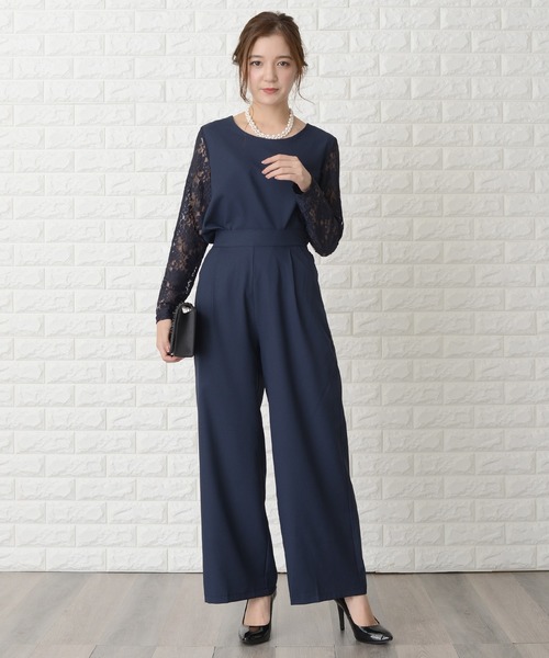 レースレディース(Lace Ladies) ウエストリボン付きレース袖ワイドパンツドレス・セットアップ