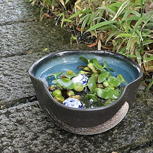 まるいち本店 10号青釉ハケメ三方曲げ水鉢 信楽焼 金魚鉢 su-0151