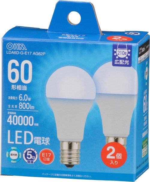 オーム電機(OHM) LED電球小形E17 60形相当 昼光色 2個入 LDA6D-G-E17 AG62P 06-5550