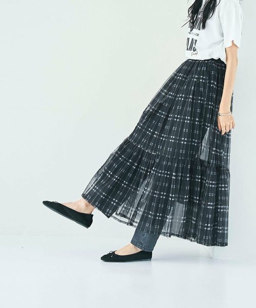 コーエン(coen) チェックプリントチュールティアードスカート
