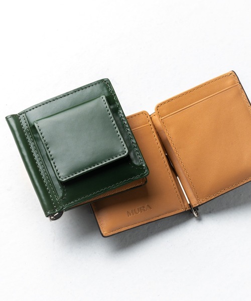 MURA 小銭入れ付き コードバン調 牛本革 二つ折りマネークリップ