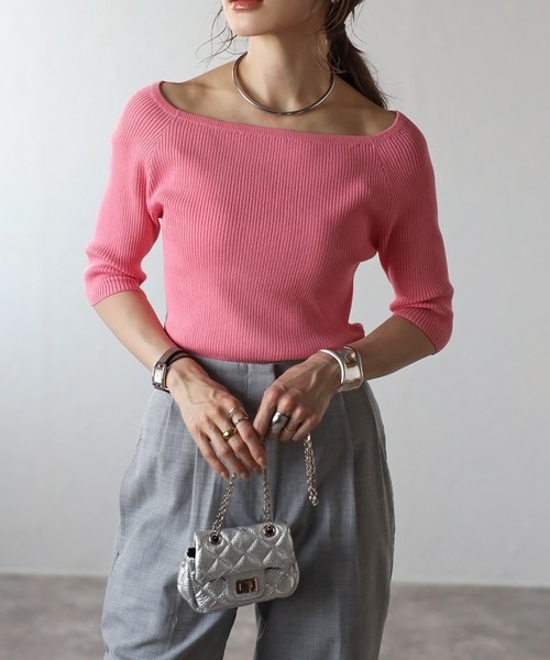 ボンジュールサガン(Bonjour Sagan) スクエアネック五分袖リブニット