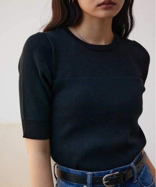 アズールバイマウジー(AZUL by moussy)シアー切替5分袖リブニットトップス