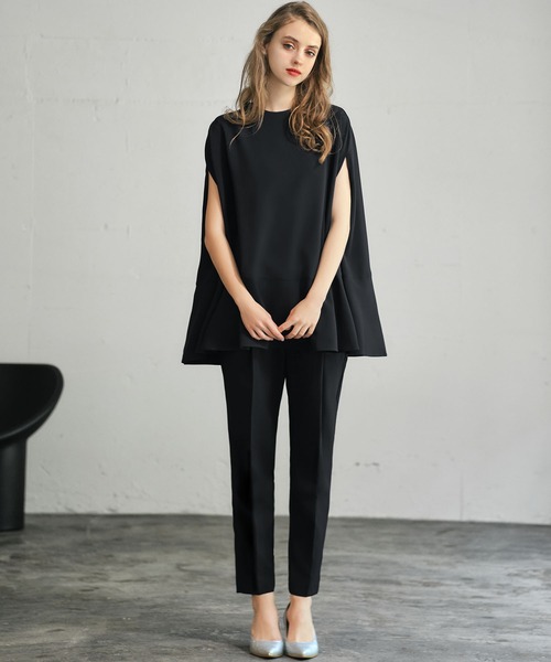 フロリア(Flolia) 洗えるポンチョ型プチハイネックブラウス＆テーパードパンツの2点セット