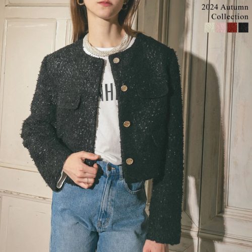 リエディ(Re:EDIT) ボアリボン金釦ノーカラーツイードジャケット