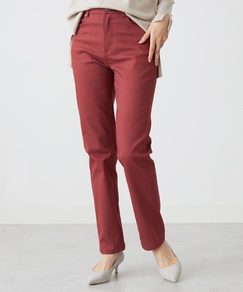 ベルーナ(BELLUNA) 静電防止 蓄熱綿サテンストレッチカラーパンツ