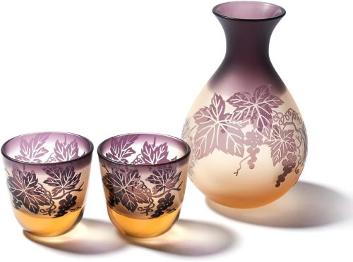 太武朗工房 彫刻 夢柄子 ぶどう紋 酒器三点揃 アンバー/パープル 盃55ml 徳利210ml 3110s