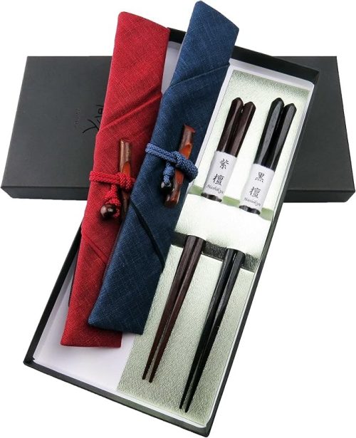 箸久 けずり黒檀・紫檀箸先角 夫婦 箸袋 梅小枝箸置き 紙箱セット XT-KTKSKsetJB