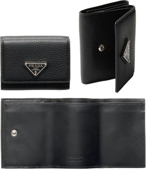 プラダ(PRADA) 小銭入れ付き三つ折り財布 型押しブラックエレガントレザー