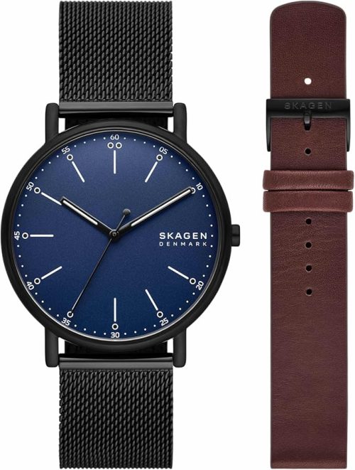 スカーゲン(SKAGEN) SIGNATUR 三針 ブラック ステンレススチールメッシュウォッチ&ストラップセット