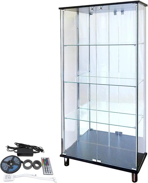 地球家具 ガラスコレクションケース JONY 幅80cm ワイド ハイタイプ 背面ミラー RGBマルチカラーLEDセット GCM-8036H-L