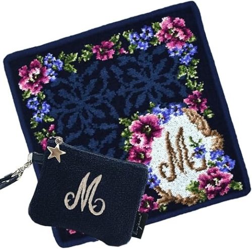 アーンジョー(Enjeau) 花文字イニシャルハンカチ&イニシャル刺繍ミニストラップポーチセット