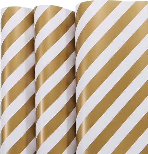 uxcell 誕生日の包装紙シート 金 ストライプ