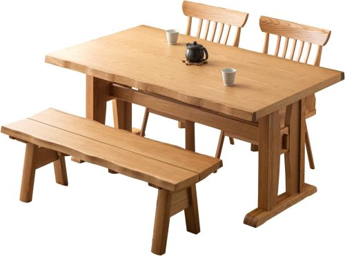 タンスのゲン 和モダン ダイニングテーブルセット 4点 回転チェア 2脚 ベンチ 天然木 49100052