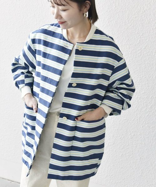 シップスエニィ(SHIPS any) キャンバス ボーダー コクーン ノーカラー コート