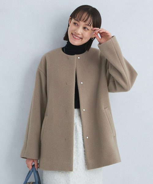 グリーンレーベルリラクシング ノーカラー ウールコート ミント