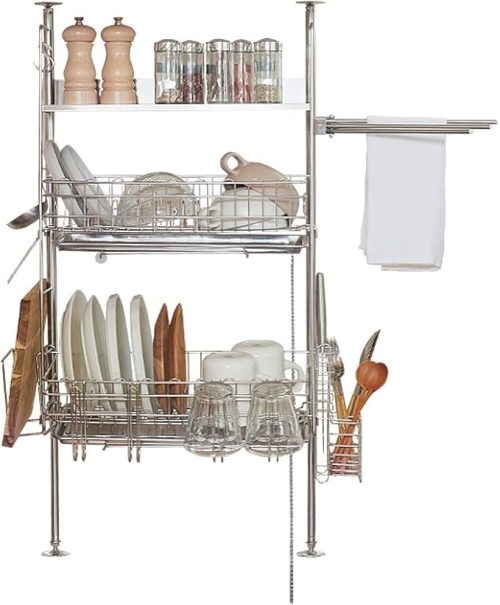 ロウヤ(LOWYA) 突っ張り水切りラック 水切りカゴ ステンレス 箸・包丁・まな板立て付き 幅45.5 8FW9R_LRGMGW