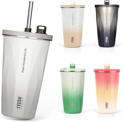 TYESO 蓋付き 伸縮ストロー付きタンブラー 600ml