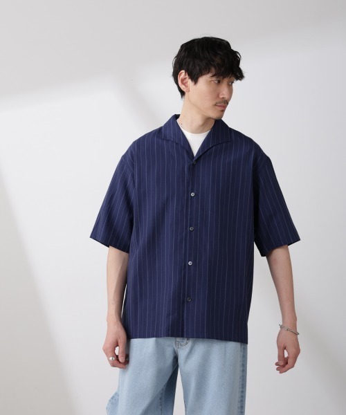 ナノユニバース(NANO universe) リネンブレンドピンストライプワイドカラーシャツ セットアップ可