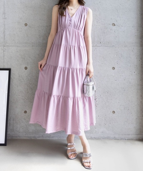 クリア(clear) CLEAR BASIC Vネックノースリーブティアードワンピース