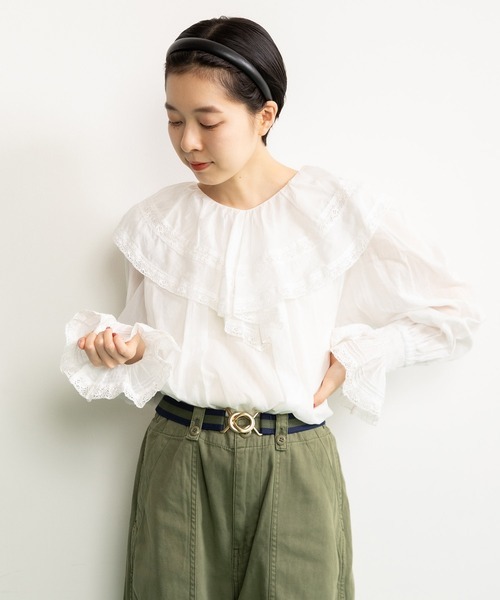 ドットアンドストライプス チャイルドウーマン(Dot&Stripes CHILDWOMAN) 80ボイルレース ピンタックラッフルケープ衿ブラウス