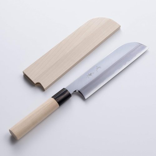 堺元兼 鎌型薄刃包丁 片刃 180mm 白紙2号 刃金つけ 水牛柄 木鞘付
