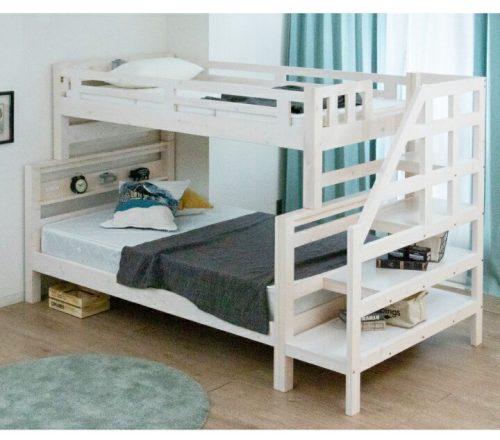 家具アイランド 親子一緒に使えるカントリー調テイストの天然木パイン無垢材使用の階段付き2段ベッド sanjp-0419