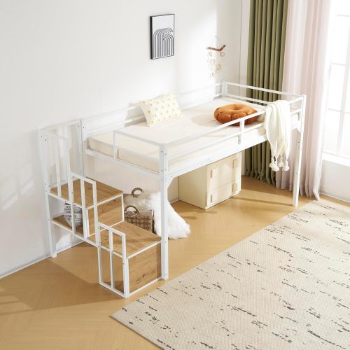 新品　ロフトベッド　階段付き　パイプベッド　システムベッド　セミダブル　ホワイト ロフトベッド 階段付き パイプベッド システムベッド ホワイト