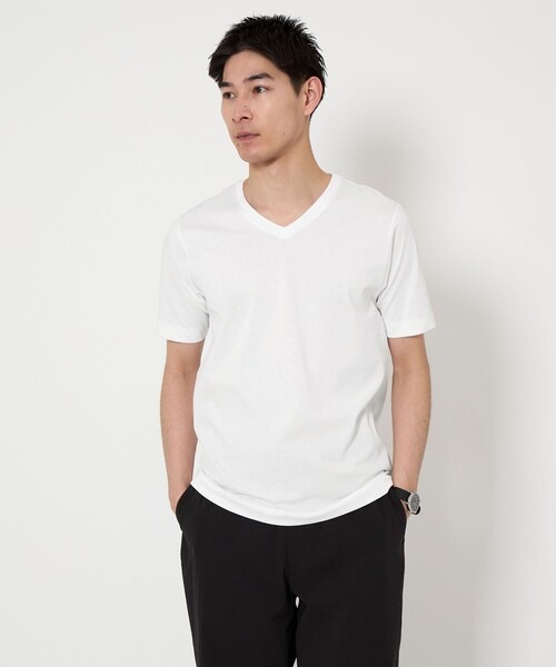 ユナイテッドアローズ グリーンレーベルリラクシング(UNITED ARROWS green label relaxing) LONG FIBER COTTON クリア Vネック 半袖 Tシャツ