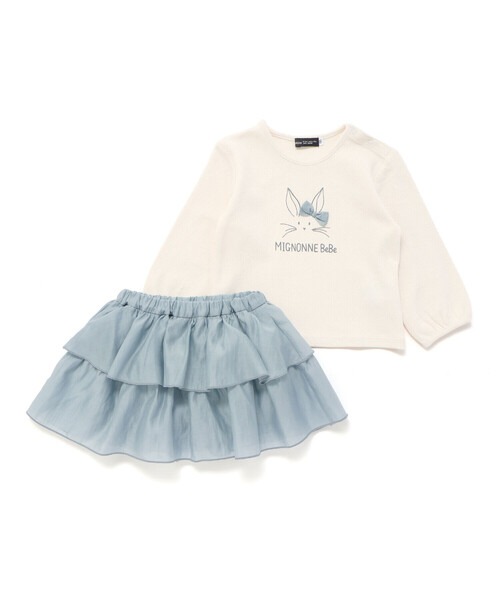 べべ(BeBe) Lapinプリント長袖Tシャツ インナーパンツ付きフリルスカート 2点セット