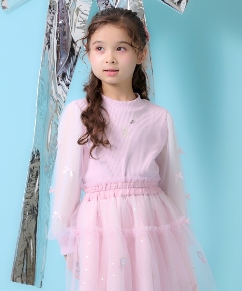 メゾピアノ(mezzo piano) ネックレス刺しゅう 袖チュール テレコ長袖Tシャツ