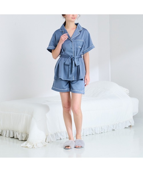 フランフラン(Francfranc) ヒアルロン酸加工ロゴ刺繍 半袖半ズボンパジャマ ブルー