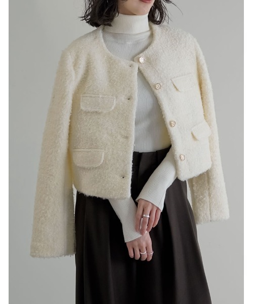 リエディ(Re:EDIT) ボアリボン金釦ノーカラーツイードジャケット