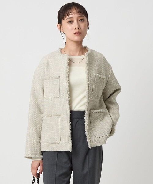 ユナイテッドアローズ グリーンレーベルリラクシング(UNITED ARROWS green label relaxing) ミックスツイードライク ポケット ノーカラー ジャケット