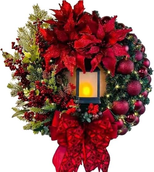 PZH クリスマスリース LEDランタン付き屋内屋外リース
