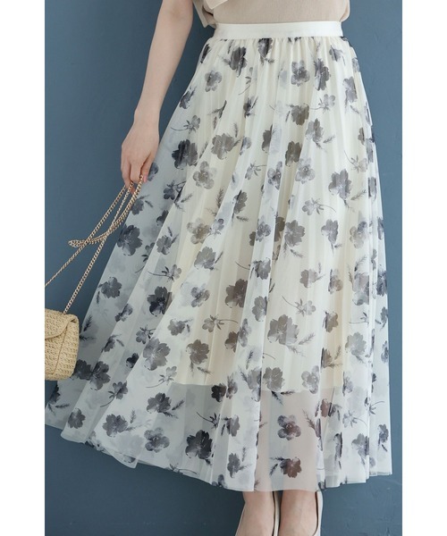カワイイ(CAWAII) プリーツインナーの花柄チュールミディアムスカート