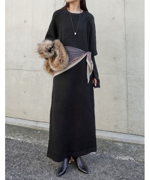 リエディ(Re:EDIT) 指穴ボリュームスリーブ畦編みリブニットワンピース