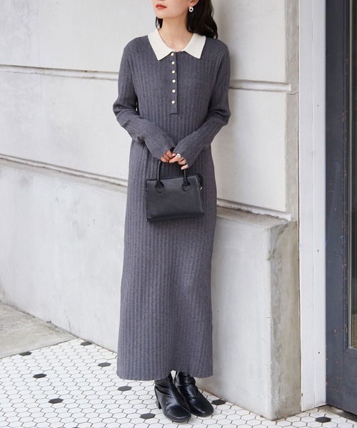 ラナン(RANAN) ポロカラーリブニットワンピース